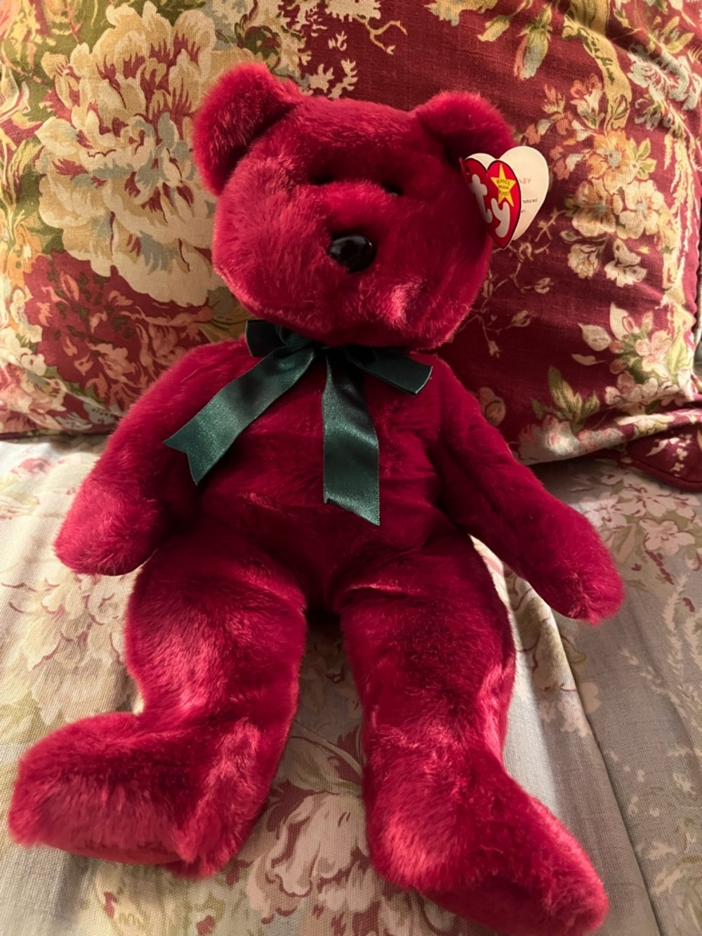 Ty Plush Teddy Bear in Deep Red with Green Ribbon